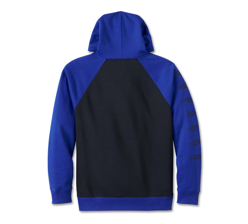 Load image into Gallery viewer, Men&#39;s Old English Stacked Bar &amp; Shield Raglan Hoodie - Colorblocked - Ombre Blue &amp; Harley Black
