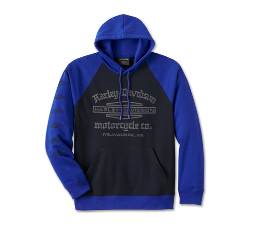 Men's Old English Stacked Bar & Shield Raglan Hoodie - Colorblocked - Ombre Blue & Harley Black