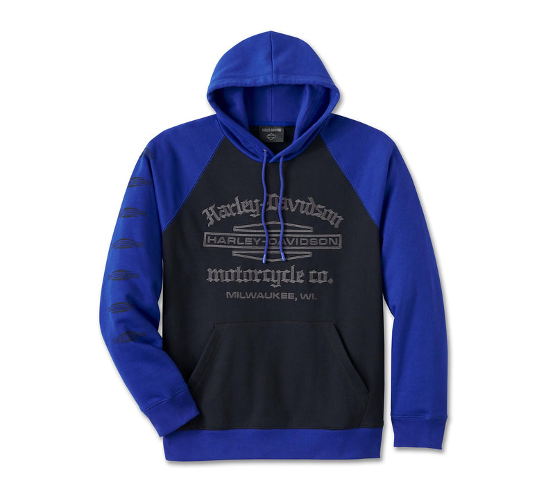 Load image into Gallery viewer, Men&#39;s Old English Stacked Bar &amp; Shield Raglan Hoodie - Colorblocked - Ombre Blue &amp; Harley Black
