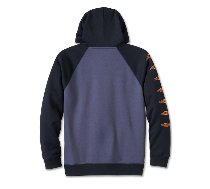 Load image into Gallery viewer, Men&#39;s Old English Stacked Bar &amp; Shield Raglan Hoodie - Colourblock - Harley Black &amp; Surf the Web
