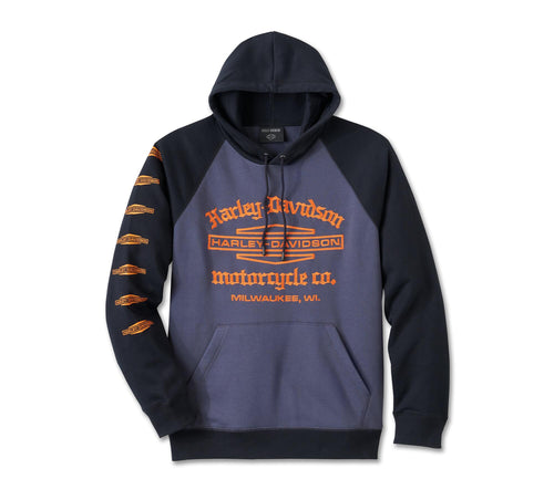 Men's Old English Stacked Bar & Shield Raglan Hoodie - Colourblock - Harley Black & Surf the Web