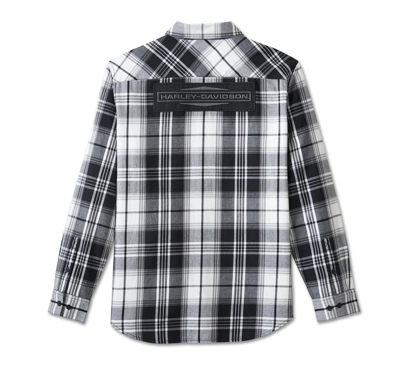 Load image into Gallery viewer, Men&#39;s Stacked Bar &amp; Shield Long Sleeve Plaid Shirt - Plaid - Harley Black &amp; Cloud Dancer
