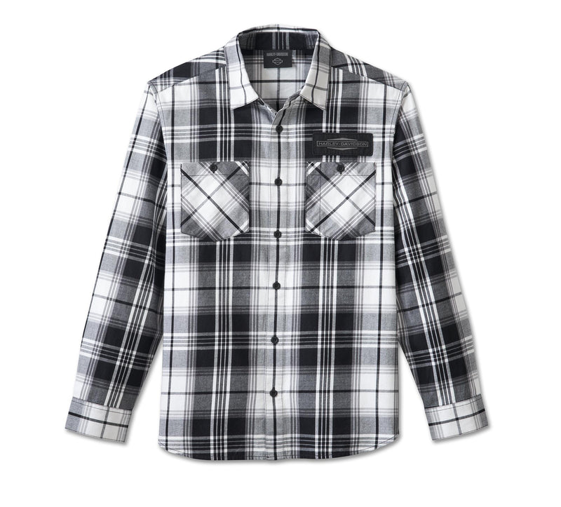 Load image into Gallery viewer, Men&#39;s Stacked Bar &amp; Shield Long Sleeve Plaid Shirt - Plaid - Harley Black &amp; Cloud Dancer
