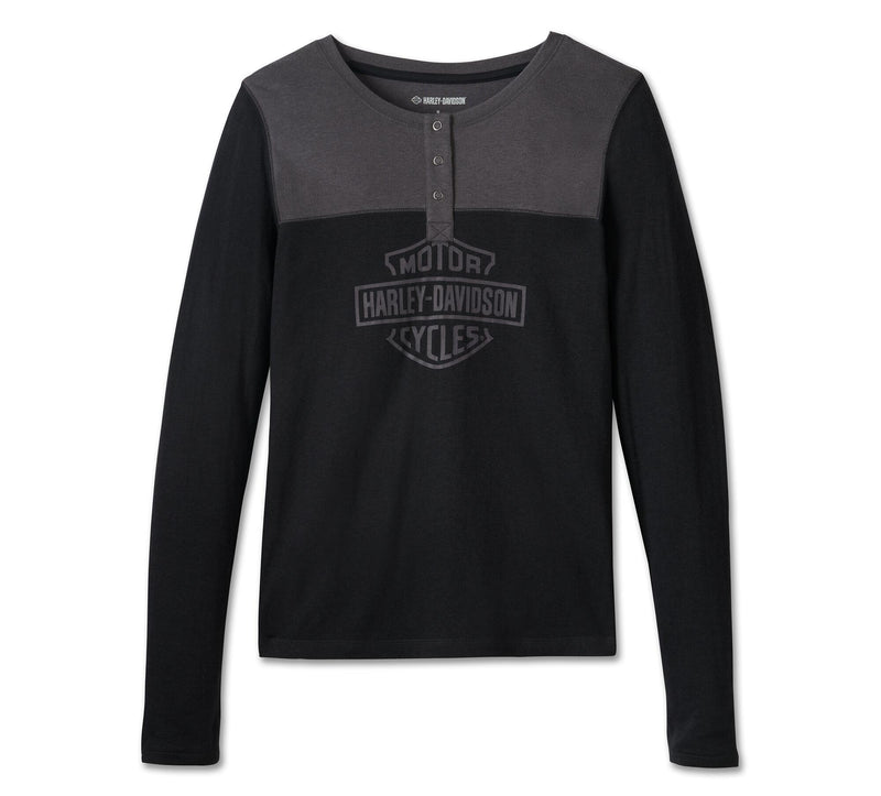 Load image into Gallery viewer, Women&#39;s Timeless Long Sleeve Henley - Colorblock - Harley Black &amp; Blackened Pearl
