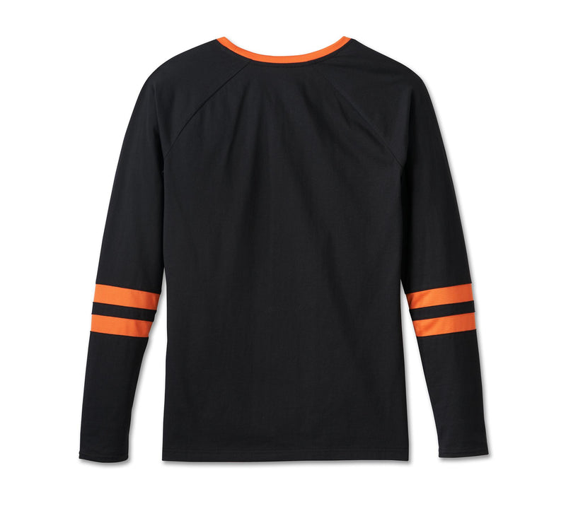 Load image into Gallery viewer, Women&#39;s First-Class Long Sleeve Raglan Top - Colorblock - Harley Black &amp; Harley Orange
