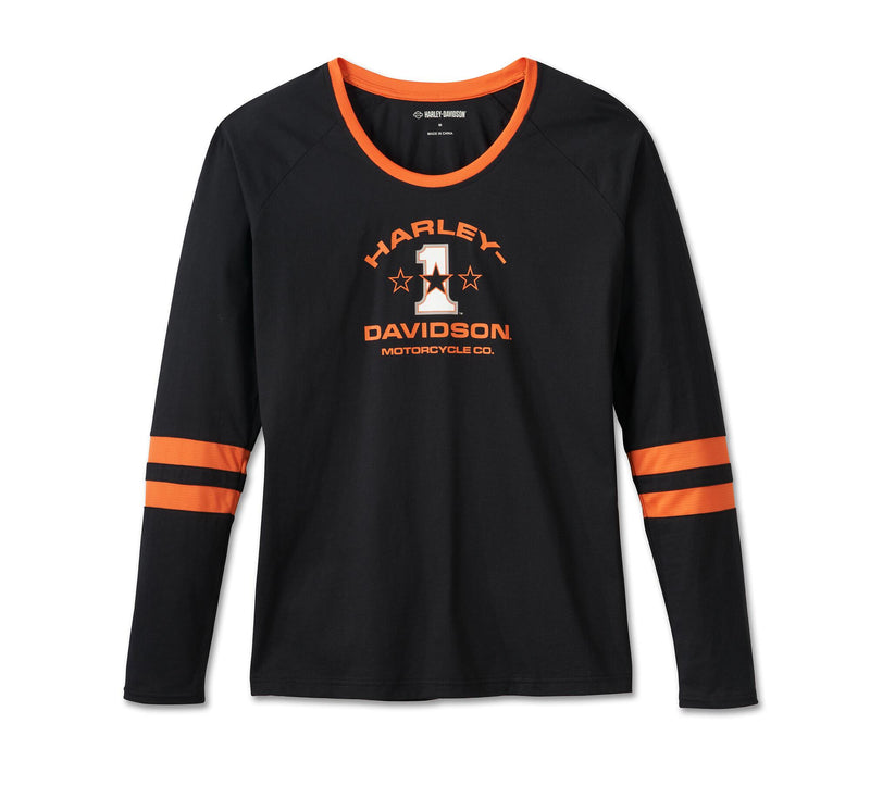 Load image into Gallery viewer, Women&#39;s First-Class Long Sleeve Raglan Top - Colorblock - Harley Black &amp; Harley Orange
