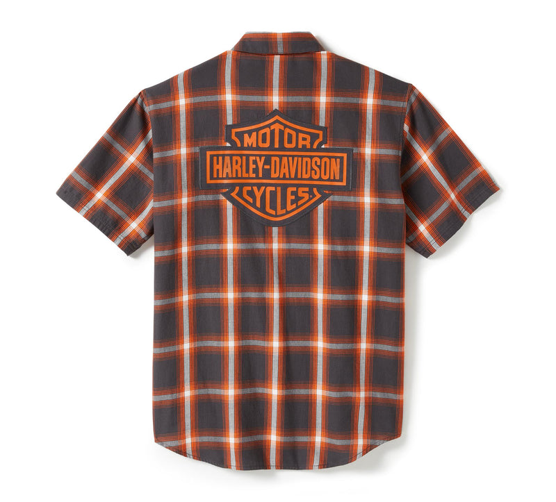 Load image into Gallery viewer, Men&#39;s Bar &amp; Shield Staple Short Sleeve Shirt - Plaid Asphalt &amp; Harley Orange
