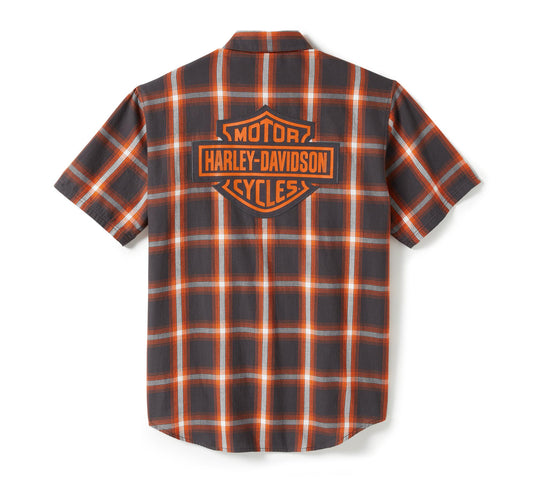 Men's Bar & Shield Staple Short Sleeve Shirt - Plaid Asphalt & Harley Orange