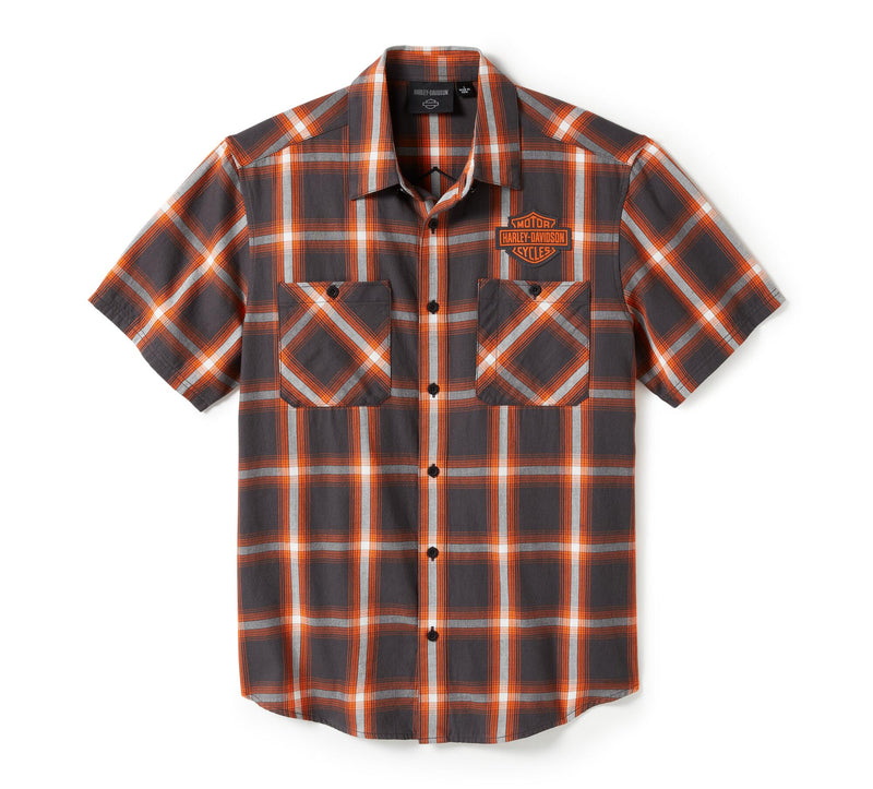 Load image into Gallery viewer, Men&#39;s Bar &amp; Shield Staple Short Sleeve Shirt - Plaid Asphalt &amp; Harley Orange
