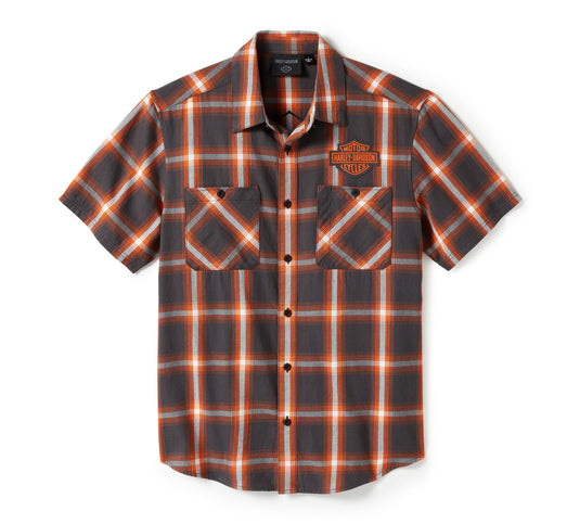 Men's Bar & Shield Staple Short Sleeve Shirt - Plaid Asphalt & Harley Orange