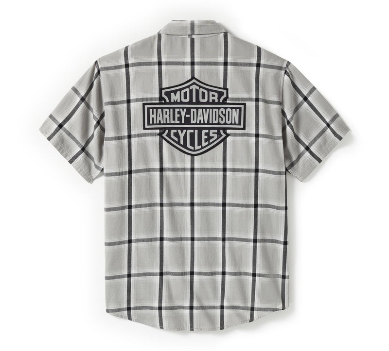 Load image into Gallery viewer, Men&#39;s Bar &amp; Shield Staple Short Sleeve Shirt - Plaid Ghost Grey &amp; Asphalt
