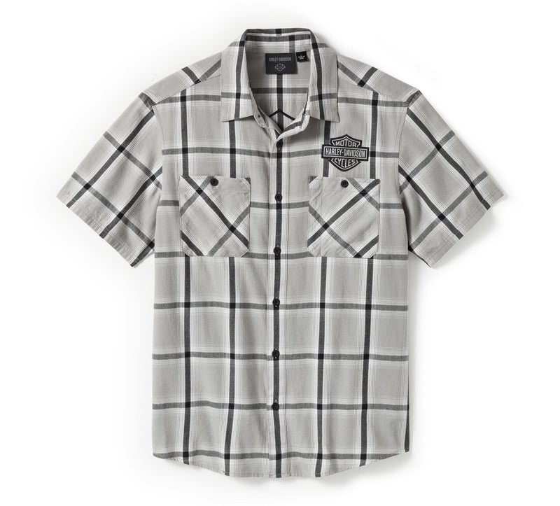 Load image into Gallery viewer, Men&#39;s Bar &amp; Shield Staple Short Sleeve Shirt - Plaid Ghost Grey &amp; Asphalt
