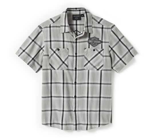 Men's Bar & Shield Staple Short Sleeve Shirt - Plaid Ghost Grey & Asphalt