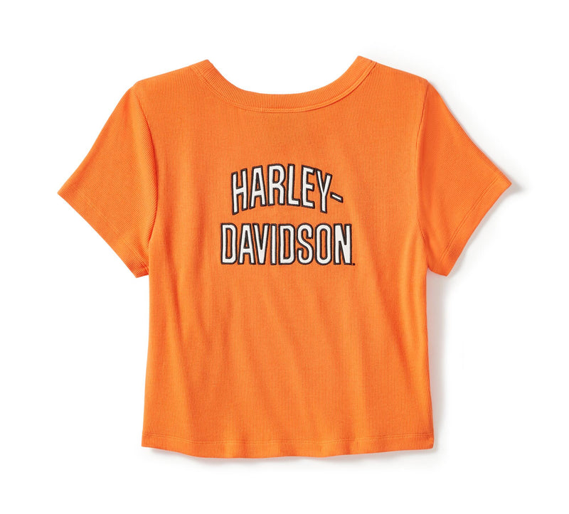 Load image into Gallery viewer, Women&#39;s Harley Davison Essential Arched Font Babydoll Tee - Harley Orange
