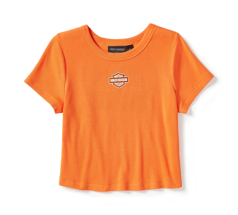 Load image into Gallery viewer, Women&#39;s Harley Davison Essential Arched Font Babydoll Tee - Harley Orange
