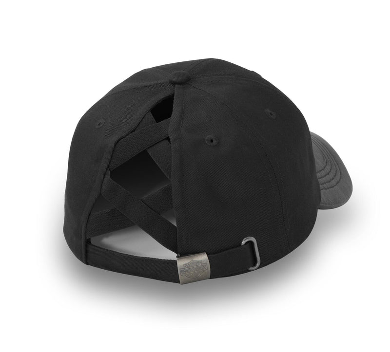 Load image into Gallery viewer, Women&#39;s Stacked Bar &amp; Shield Ponytail Cap - Harley Black
